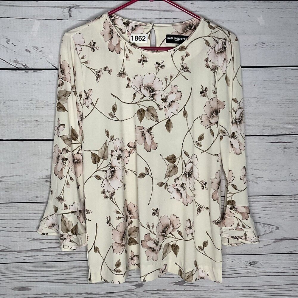 Women's Karl Lagerfeld Cream Floral Blouse Bell Sleeve Pullover Tunic Top size S